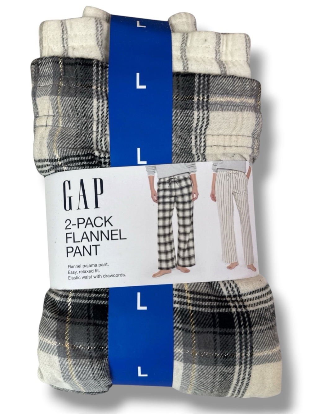 NWT GAP Woman’s 2-Pack Flannel Pajama Pants Black Plaid & Pinstripe Size L